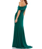 Mac Duggal One Shoulder Cap Sleeve Ruched Thigh High Slit Faux Wrap Gown