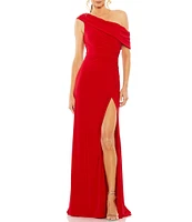 Mac Duggal One Shoulder Cap Sleeve Ruched Thigh High Slit Faux Wrap Gown