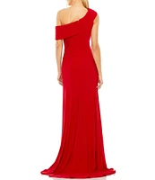 Mac Duggal One Shoulder Cap Sleeve Ruched Thigh High Slit Faux Wrap Gown