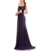 Mac Duggal One Shoulder Cap Sleeve Ruched Thigh High Slit Faux Wrap Gown