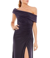 Mac Duggal One Shoulder Cap Sleeve Ruched Thigh High Slit Faux Wrap Gown