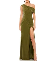 Mac Duggal One Shoulder Cap Sleeve Ruched Thigh High Slit Faux Wrap Gown