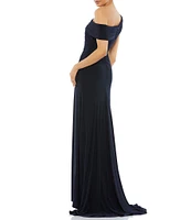 Mac Duggal One Shoulder Cap Sleeve Ruched Thigh High Slit Faux Wrap Gown