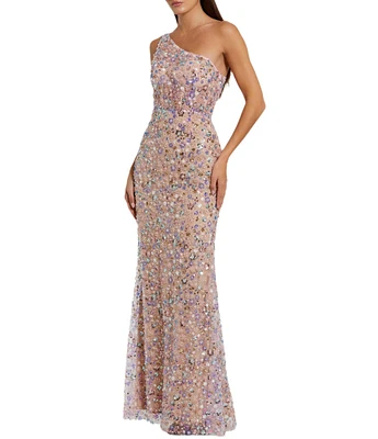 Mac Duggal One Shoulder Corset Bodice Sequin Sheath Gown