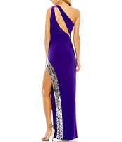 Mac Duggal One Shoulder Cut-Out Neck Sleeveless Sequin High Slit Gown