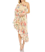 Mac Duggal One Shoulder Dress Long Sleeve Ruffled Asymmetrical Hemline Cape Back Dress