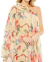 Mac Duggal One Shoulder Dress Long Sleeve Ruffled Asymmetrical Hemline Cape Back Dress