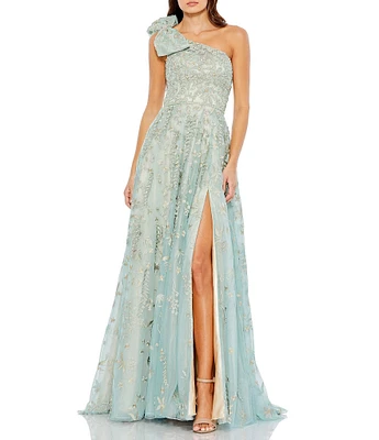 Mac Duggal One Shoulder Embroidered Floral A Line Gown