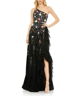 Mac Duggal One Shoulder Lace Back Embellished Tulle A-Line Gown