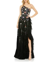 Mac Duggal One Shoulder Lace Back Embellished Tulle A-Line Gown