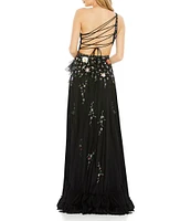 Mac Duggal One Shoulder Lace Back Embellished Tulle A-Line Gown