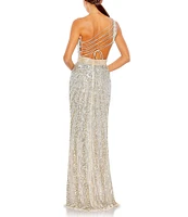 Mac Duggal One Shoulder Lace Up Back Sequin Gown