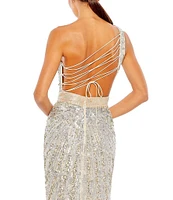 Mac Duggal One Shoulder Lace Up Back Sequin Gown