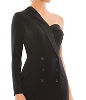 Mac Duggal One Shoulder Long Sleeve Double Breasted Blazer Sheath Dress