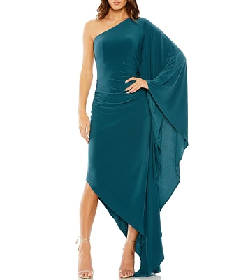 Mac Duggal One Shoulder Ruched Detail Cape Sleeve Asymmetrical Hemline Gown