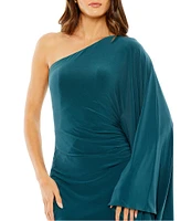 Mac Duggal One Shoulder Ruched Detail Cape Sleeve Asymmetrical Hemline Gown