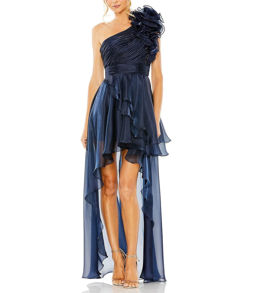 Mac Duggal One Shoulder Ruffled High-Low Hem Tiered Gown