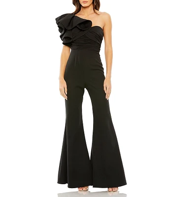 Mac Duggal One Shoulder Ruffled Detail Flared Jumpsuit