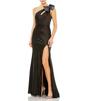 Mac Duggal One Shoulder Sequin Bow Cut Out Back Satin Trumpet Gown