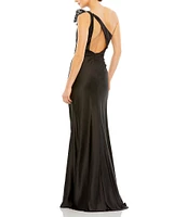 Mac Duggal One Shoulder Sequin Bow Cut Out Back Satin Trumpet Gown