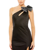 Mac Duggal One Shoulder Sequin Bow Cut Out Back Satin Trumpet Gown