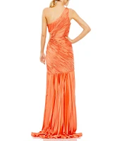 Mac Duggal One Shoulder Side Cut Out Shirred Chiffon Ruffle Front Sheath Gown