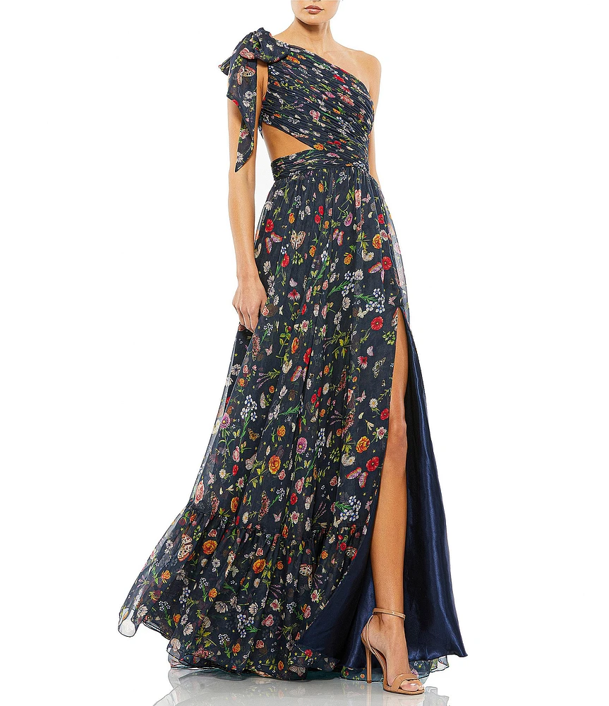 Mac Duggal One Shoulder Sie Cut Out Floral Print Chiffon Gown