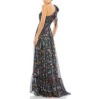 Mac Duggal One Shoulder Sie Cut Out Floral Print Chiffon Gown