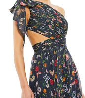 Mac Duggal One Shoulder Sie Cut Out Floral Print Chiffon Gown