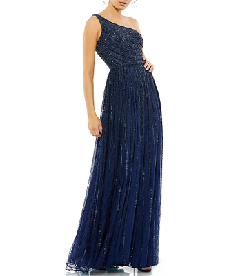Mac Duggal Beaded One Shoulder Sleeveless Sequin A-Line Gown