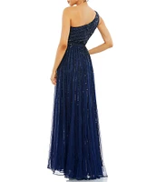 Mac Duggal Beaded One Shoulder Sleeveless Sequin A-Line Gown