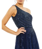Mac Duggal Beaded One Shoulder Sleeveless Sequin A-Line Gown