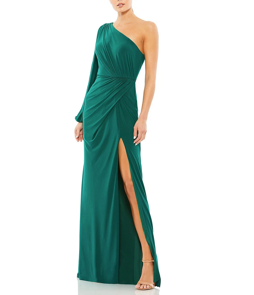 Mac Duggal One Sleeve Draped Front Faux Wrap Jersey Gown