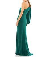 Mac Duggal One Sleeve Draped Front Faux Wrap Jersey Gown