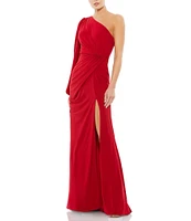 Mac Duggal One Sleeve Draped Front Faux Wrap Jersey Gown