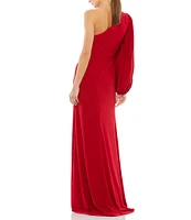 Mac Duggal One Sleeve Draped Front Faux Wrap Jersey Gown