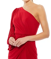 Mac Duggal One Sleeve Draped Front Faux Wrap Jersey Gown