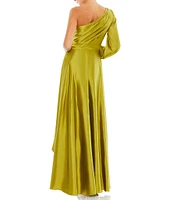 Mac Duggal One Sleeve Satin Ruffle Front Hi Low Dress