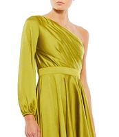 Mac Duggal One Sleeve Satin Ruffle Front Hi Low Dress