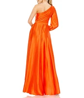 Mac Duggal One Sleeve Satin Ruffle Front Hi Low Dress