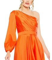 Mac Duggal One Sleeve Satin Ruffle Front Hi Low Dress