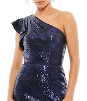 Mac Duggal One Sleeve Sequined Sheath Dress