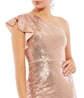 Mac Duggal One Sleeve Sequined Sheath Dress