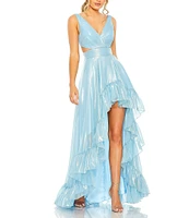 Mac Duggal Organza V-Neck Sleeveless Side Cutout Ruffle High Low Back Tie Gown