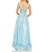 Mac Duggal Organza V-Neck Sleeveless Side Cutout Ruffle High Low Back Tie Gown