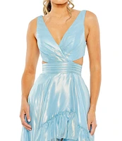 Mac Duggal Organza V-Neck Sleeveless Side Cutout Ruffle High Low Back Tie Gown