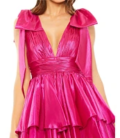 Mac Duggal Oversized Bow V-Neck Ruffled Mini Dress