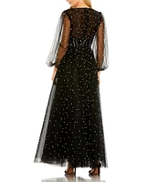 Mac Duggal Pearl Beaded V-Neck Long Sheer Puff Sleeve A-Line Gown