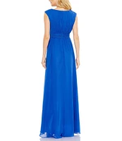 Mac Duggal Pleated Boat Neck Chiffon A-Line Gown