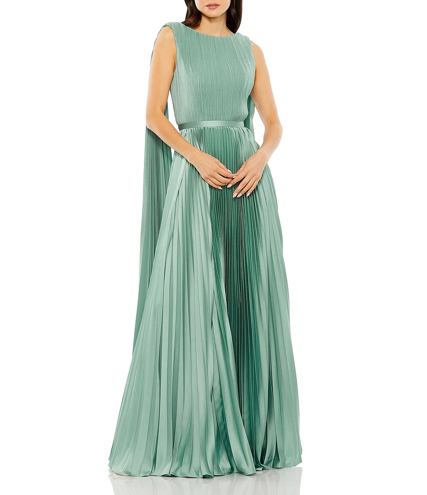 Mac Duggal Pleated Boat Neck Sleeveless Open Drape Back Gown